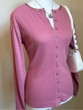 Vintage Pointelle Button Up Long Sleeve Cardigan Top 90s Coquette Soft Girl